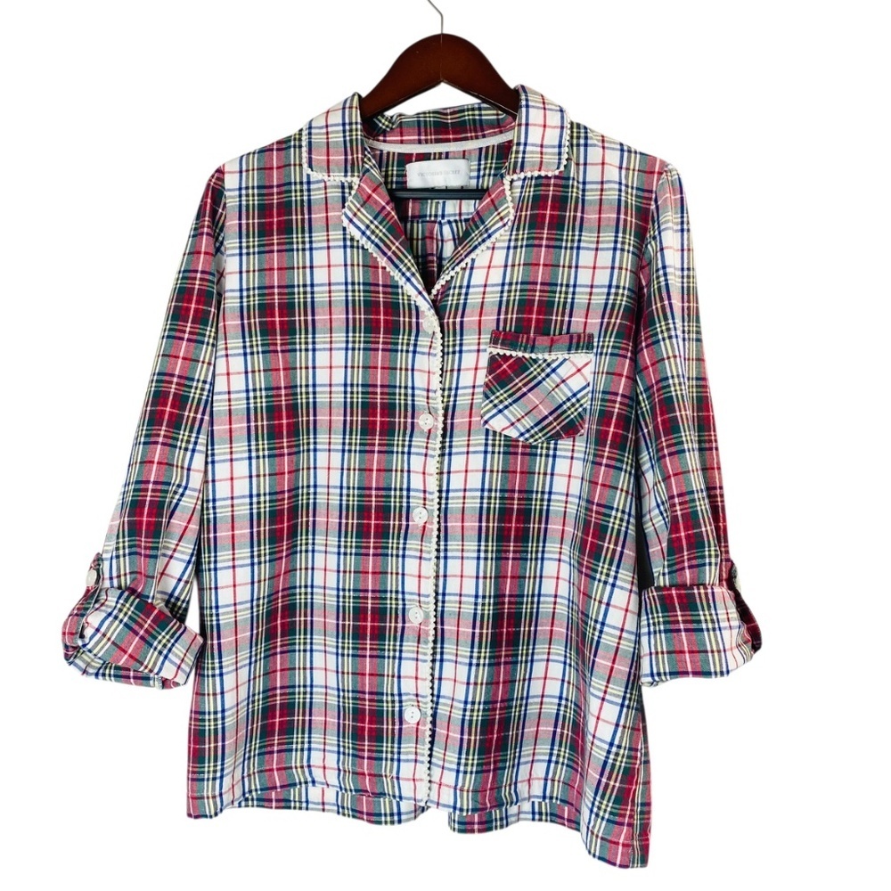 VICTORIA’S SECRET Plaid Pajama Silver Lurex Flannel 98% Cotton Pom Pom Trim L - Picture 3 of 13